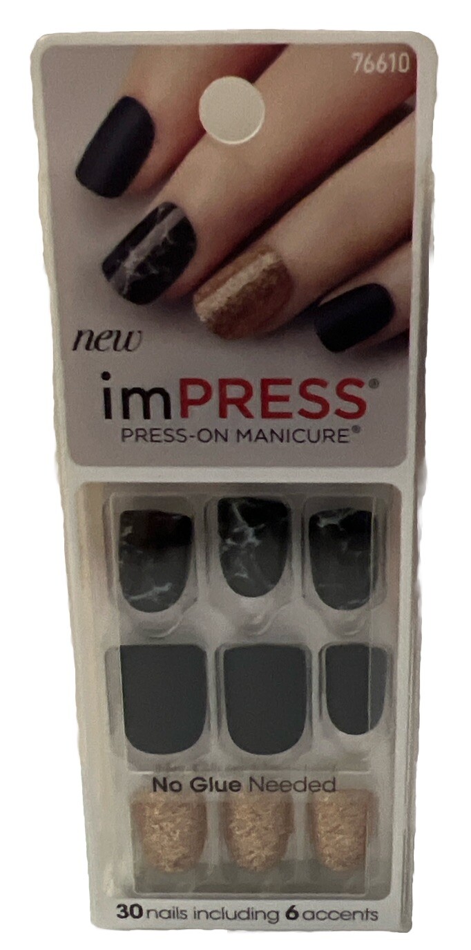 Kiss Nails Impress Press On Manicure #76610 Yeah Boy (Black Marble Gold Glitter)