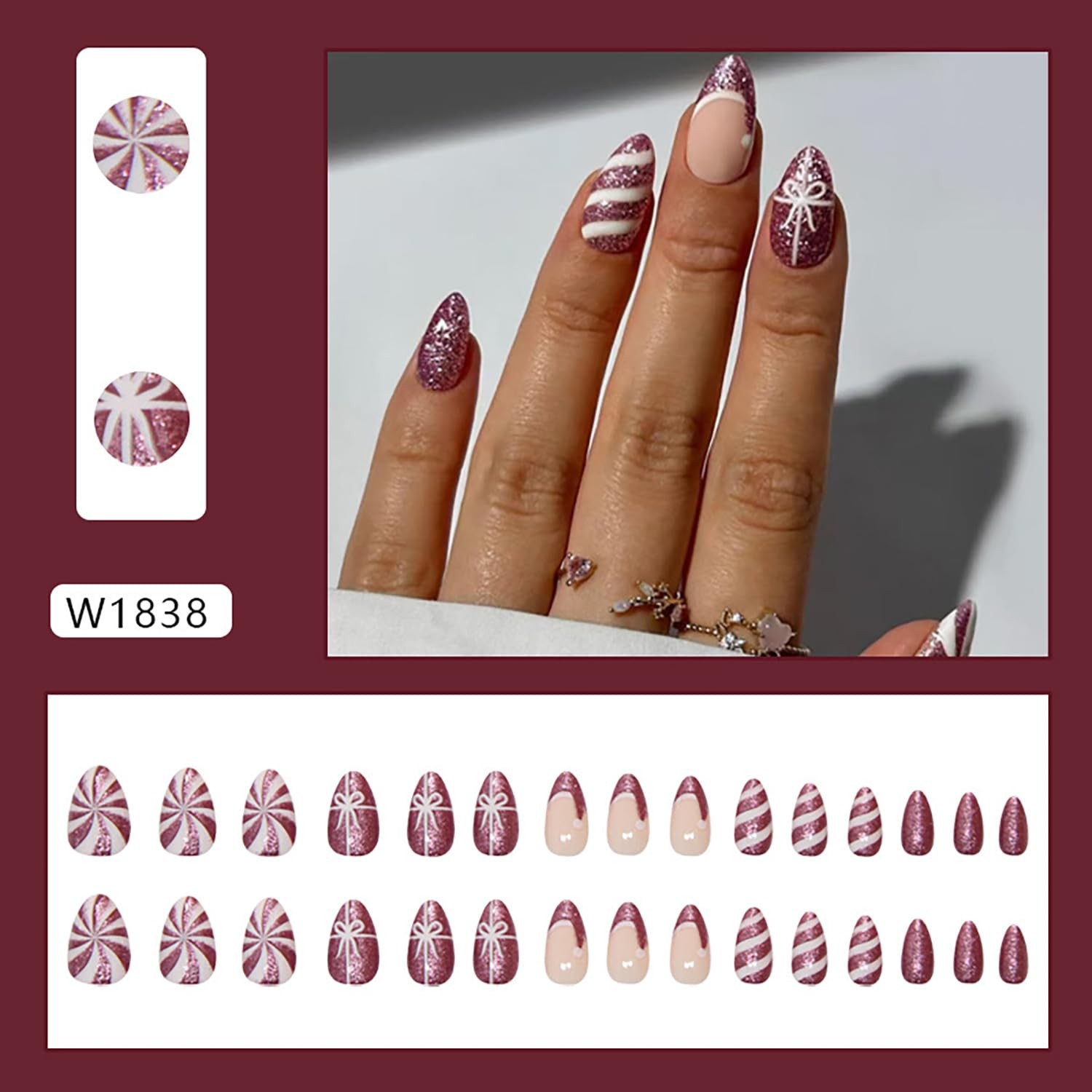 24Pcs Cute Christmas Press on Nails French Tip Fake Nails Almond Medium Glue …