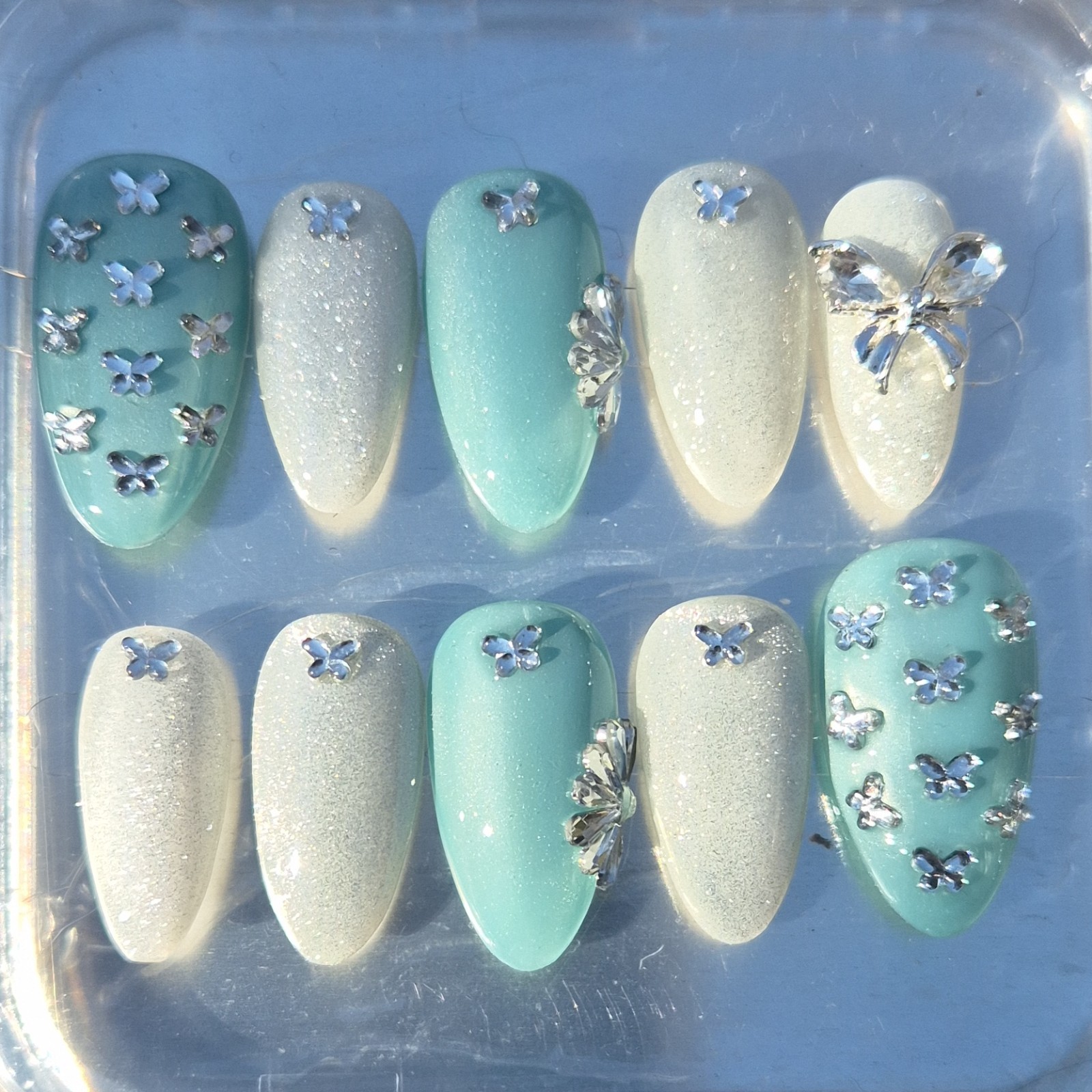 Silver Teal Butterfly 3D Almond Press-On Nails Set Pre-Designed Full Cover