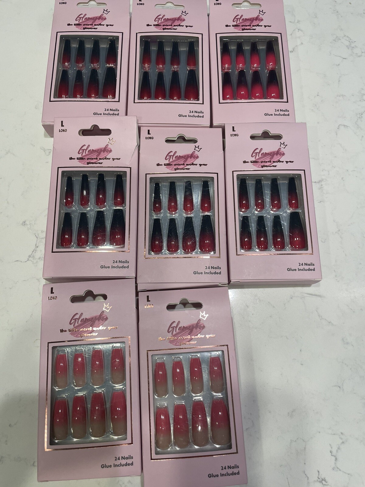 Lot of 8 (6) Glamyboo Red to Night Ombré/Nails/2 Glossy Peach to Radberry Ombr