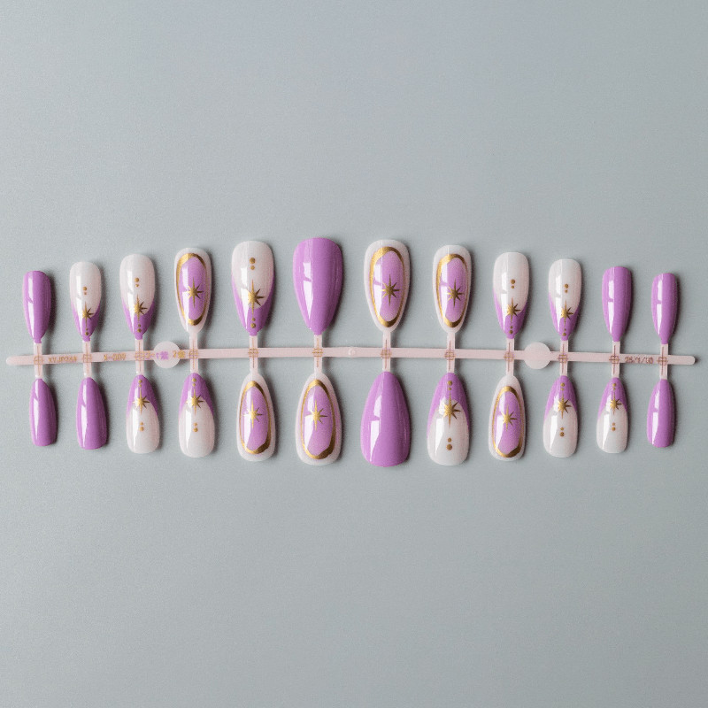 48Pcs-Long Almond Lavender Purple Gradient Gold Star Line Elegant Press on Nails