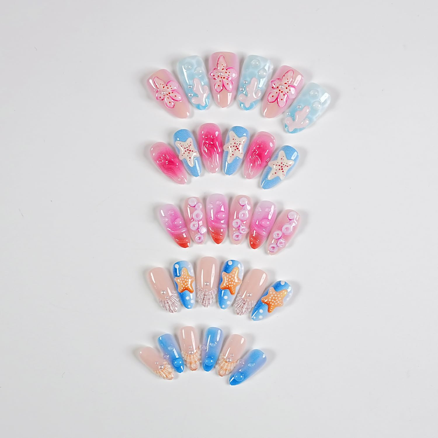 30Pcs Summer Press on Nails Medium Almond Fake Nails with 3D Floral Jellyfish St