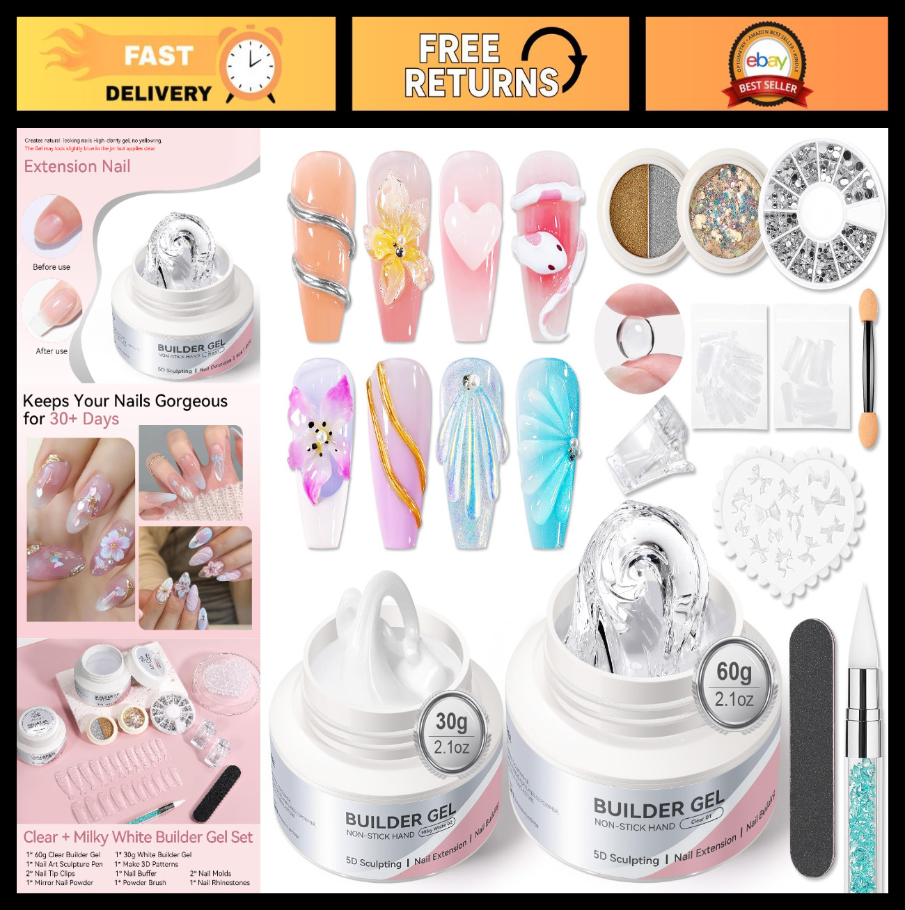 3D Sculpting Builder Gel for Nails – Clear & White Hard Gel for Nail Art, Extens