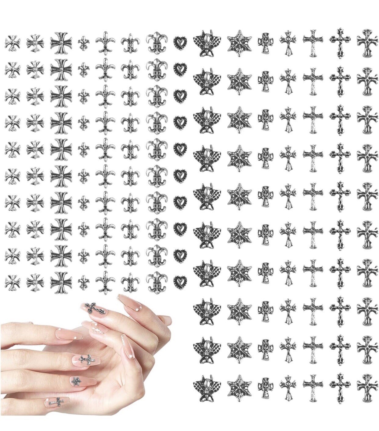150Pcs 3D Nail Art Charms Vintage Silver Metal Chrome Punk Gothic Crosses Stars