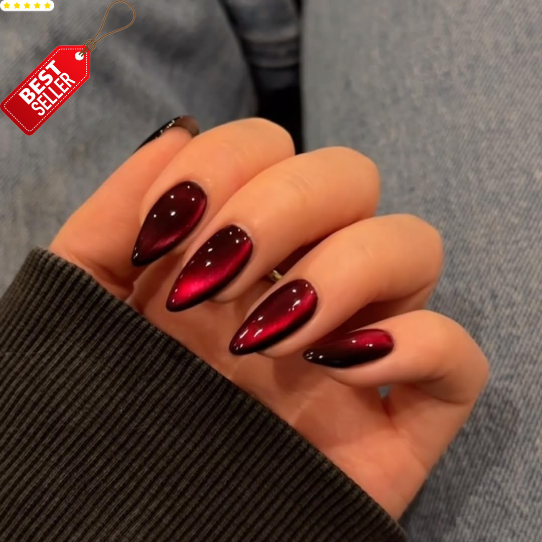 30x Dark Red Cat Eye Press On Nails Almond Medium Glitter Burgundy Fake Nails –
