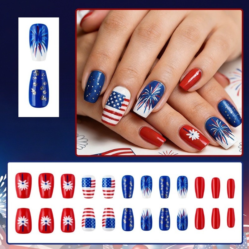 48pcs-4th of July Nails, Press on Square with Red, White & Blue Firework Art