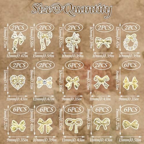 58PCS Bow Nail Charms Gold Charm for Nails Crystal Heart Bowknot Nail Art