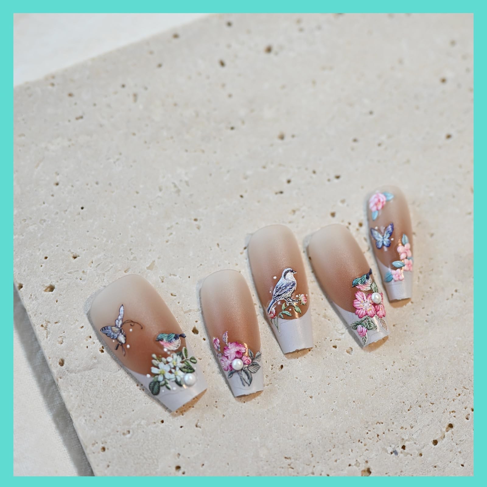 Flower Rose Bird Nail Art Stickers Pearl Rhinestones Embossed Vintage Nail De…
