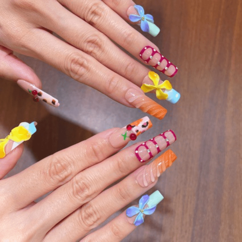 10pcs Long Square Press on Nails,Colorful 3D Flower Cherry Printed Fashion Nails