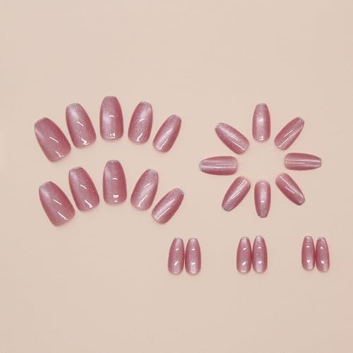 Cat Eye Press on Nails Short Coffin Fake Nails with Pink Glitter French Designs
