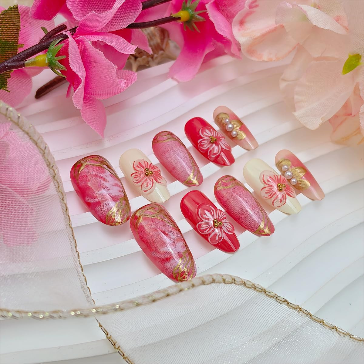 Pink Flower Press on Nails Medium Almond Fake Nails 3D Pearl Gold Bead Design Fl