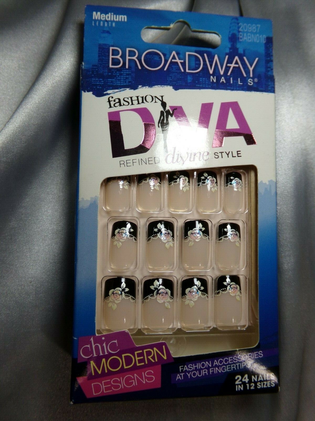 Broadway Nails for Kiss Pink & White Rose on Black French Glue On Medium