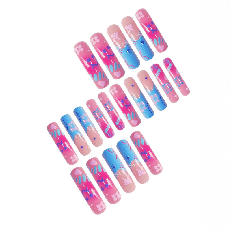 48pcs Y2K Blue Pink Hawaii Style Press on Nails, Sweet Cool Long Fake Nails