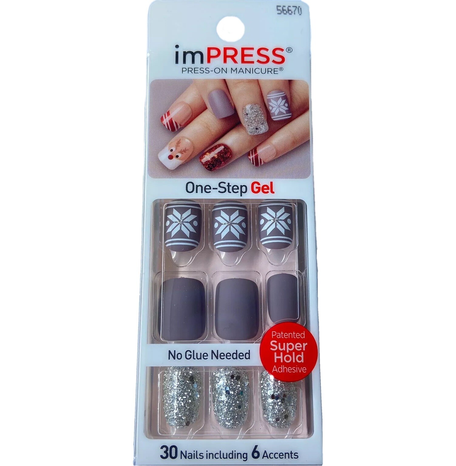 NEW Kiss Nails Impress Press Manicure Short Gel Matte Gray Snowflake Christmas 1