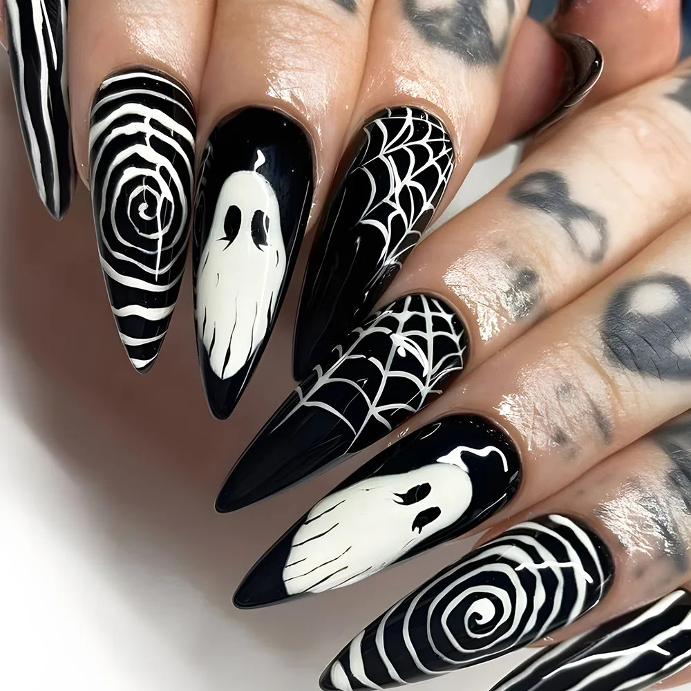 24pcs Halloween Spider Fake Nails French Coffin Full Cover Artificial Nail Tips
