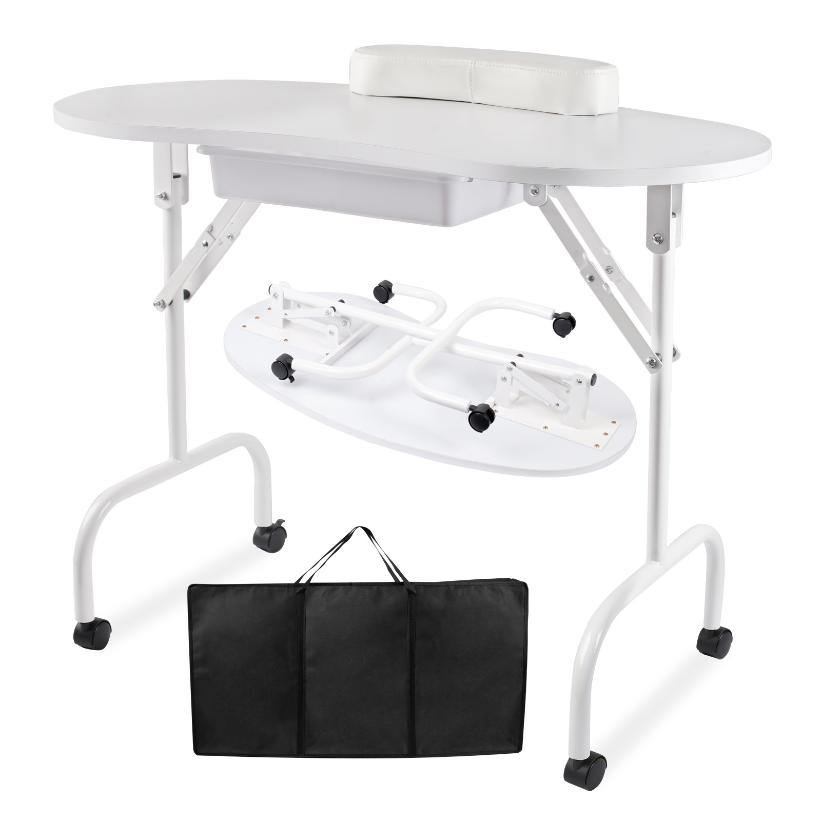 Portable Folding Manicure Table Nail Tech Desk Lockable Wheels Bag Drawer White