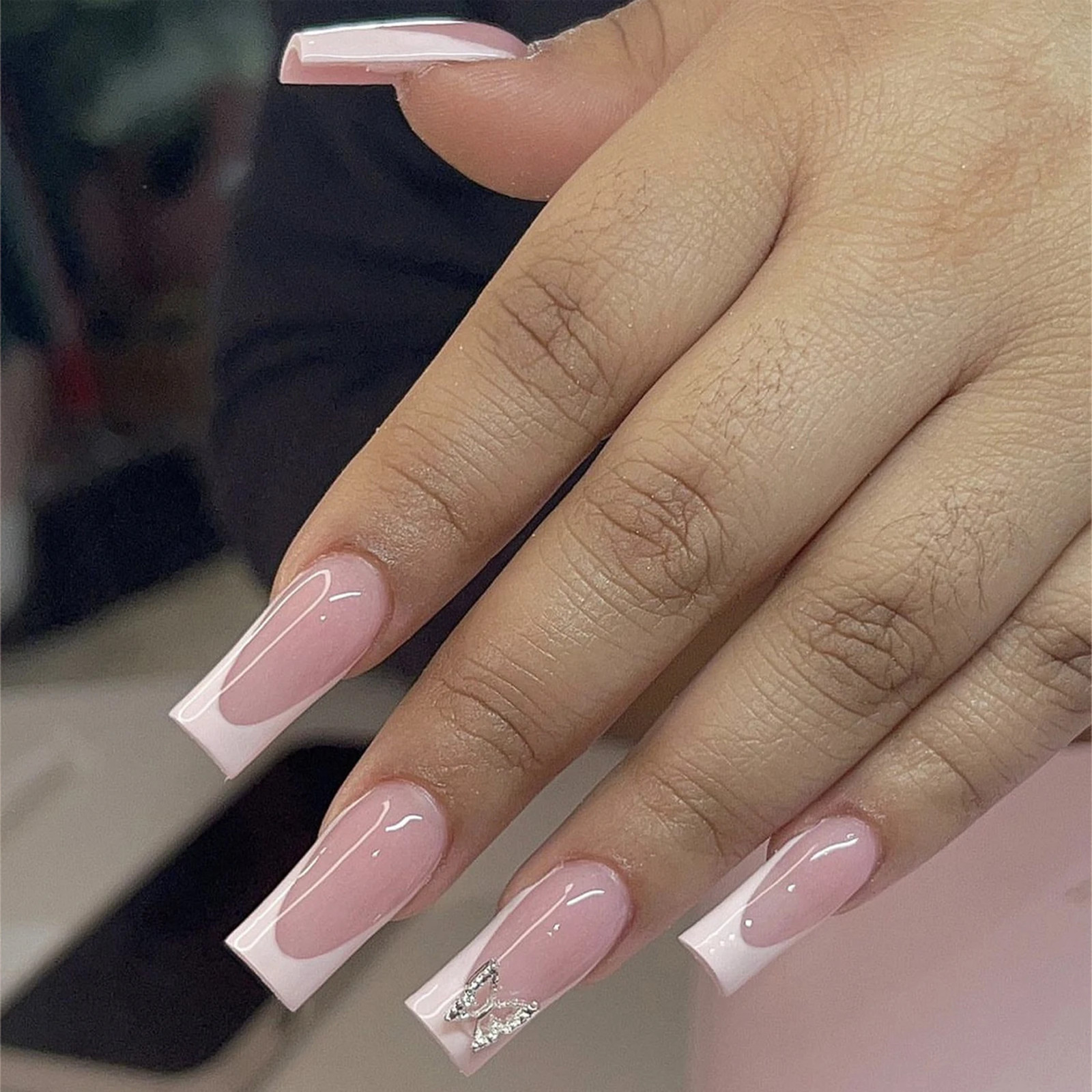 24Pcs French Bow 3D Flower Coffin Ballet Bride Press On Nails