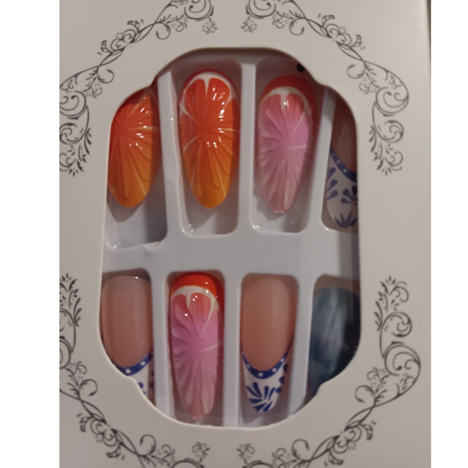 Beautiful Nail Press On Nails Almond Shape Orange Pink Floral Gradient 12pc Set