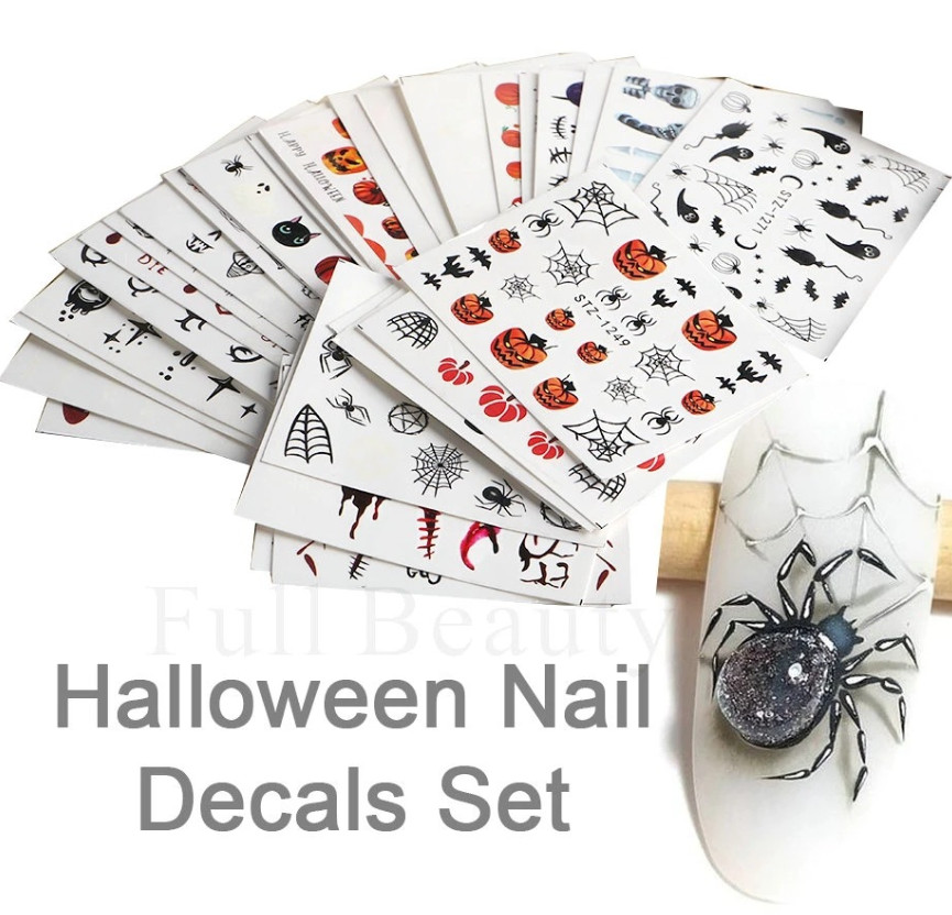 Halloween Nail Art Stickers Water Transfer Decals Ghost Pumpkin Skull Web NH23