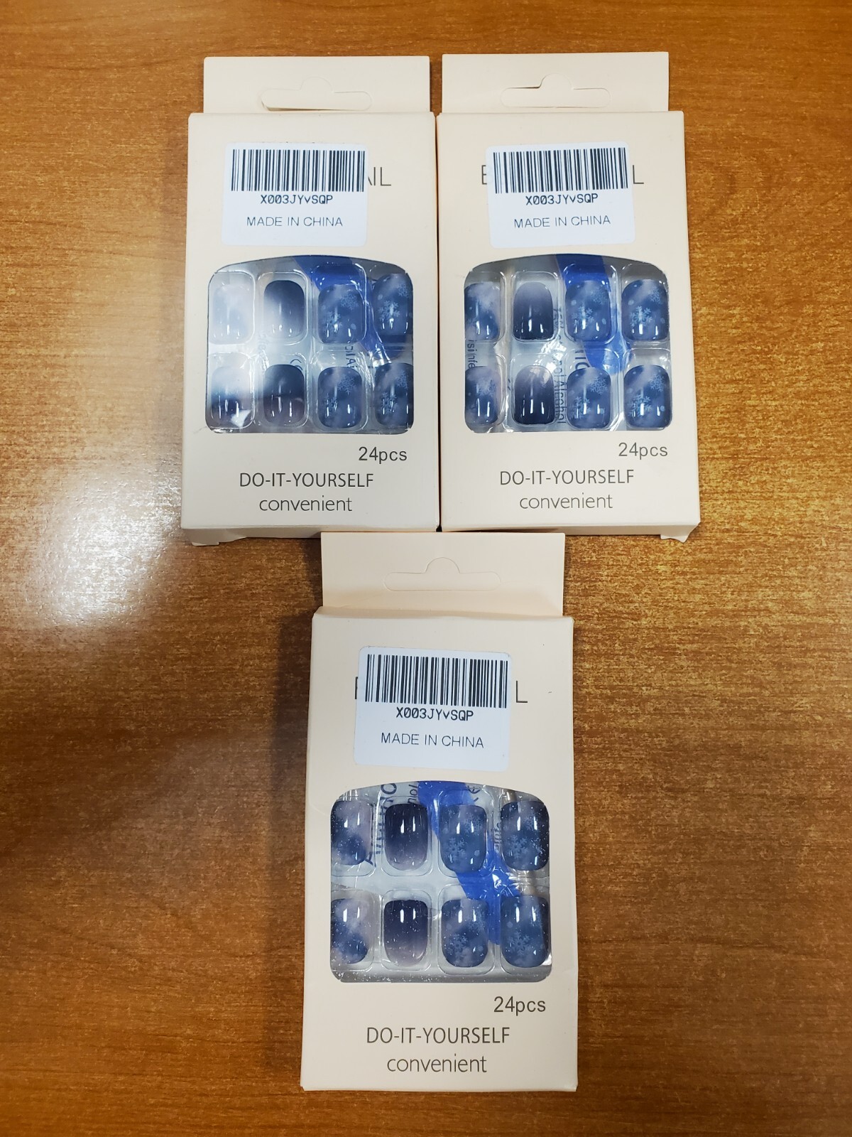 3 Boxes of 24: Blue Snow Flake Design Square Short Press on Nails (9D-1788)