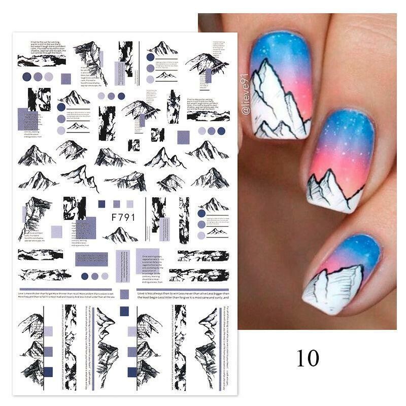 Nail Art Stickers Decal Mountain Newspaper Letters Black White Line F791 NS41