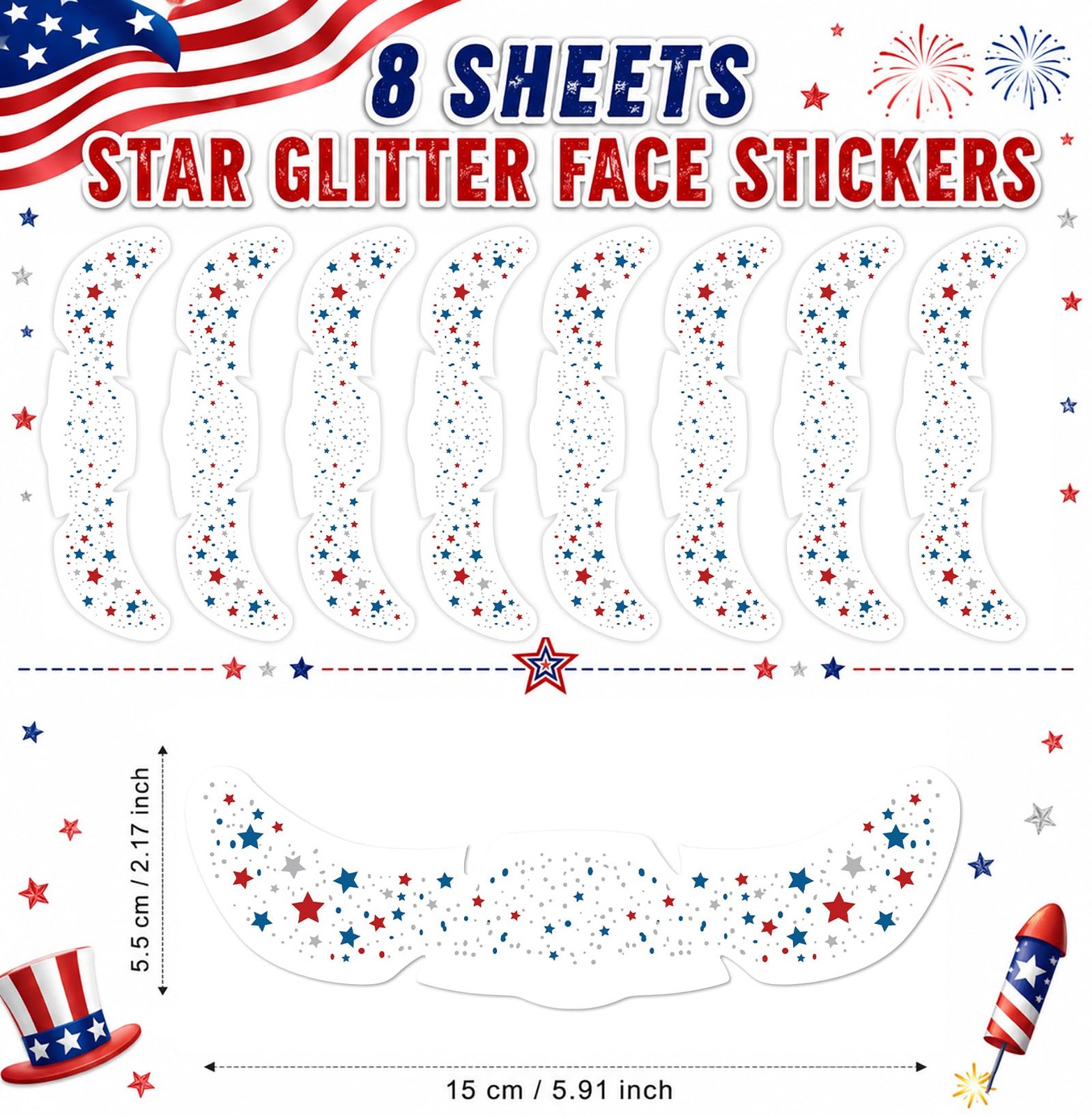 8 Pcs Red White Blue Star Freckle Stickers with Silver Glitter Powder for Face,