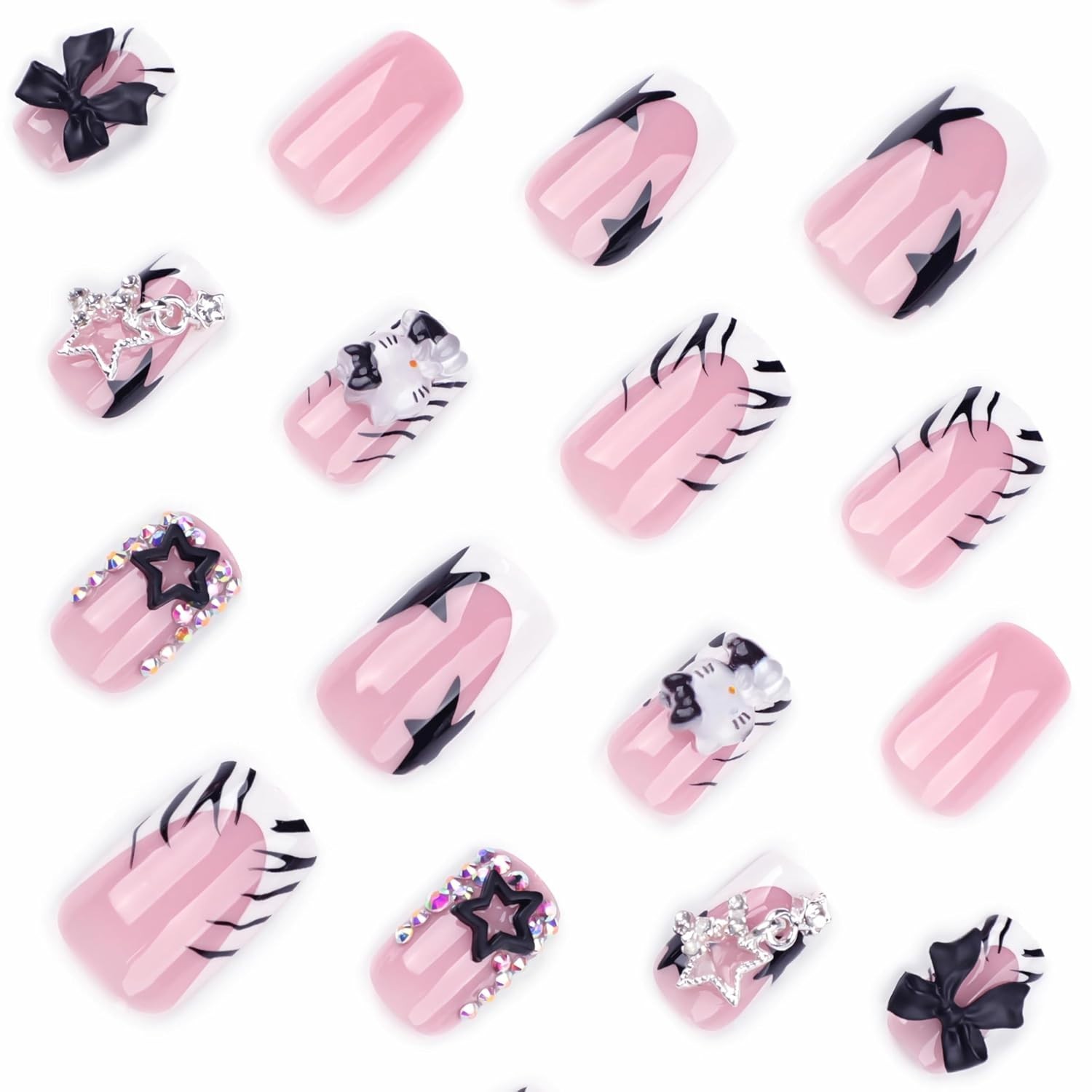 French Tip Press on Nails Short Square Fake Nails with Bow Charms Designs Bla…