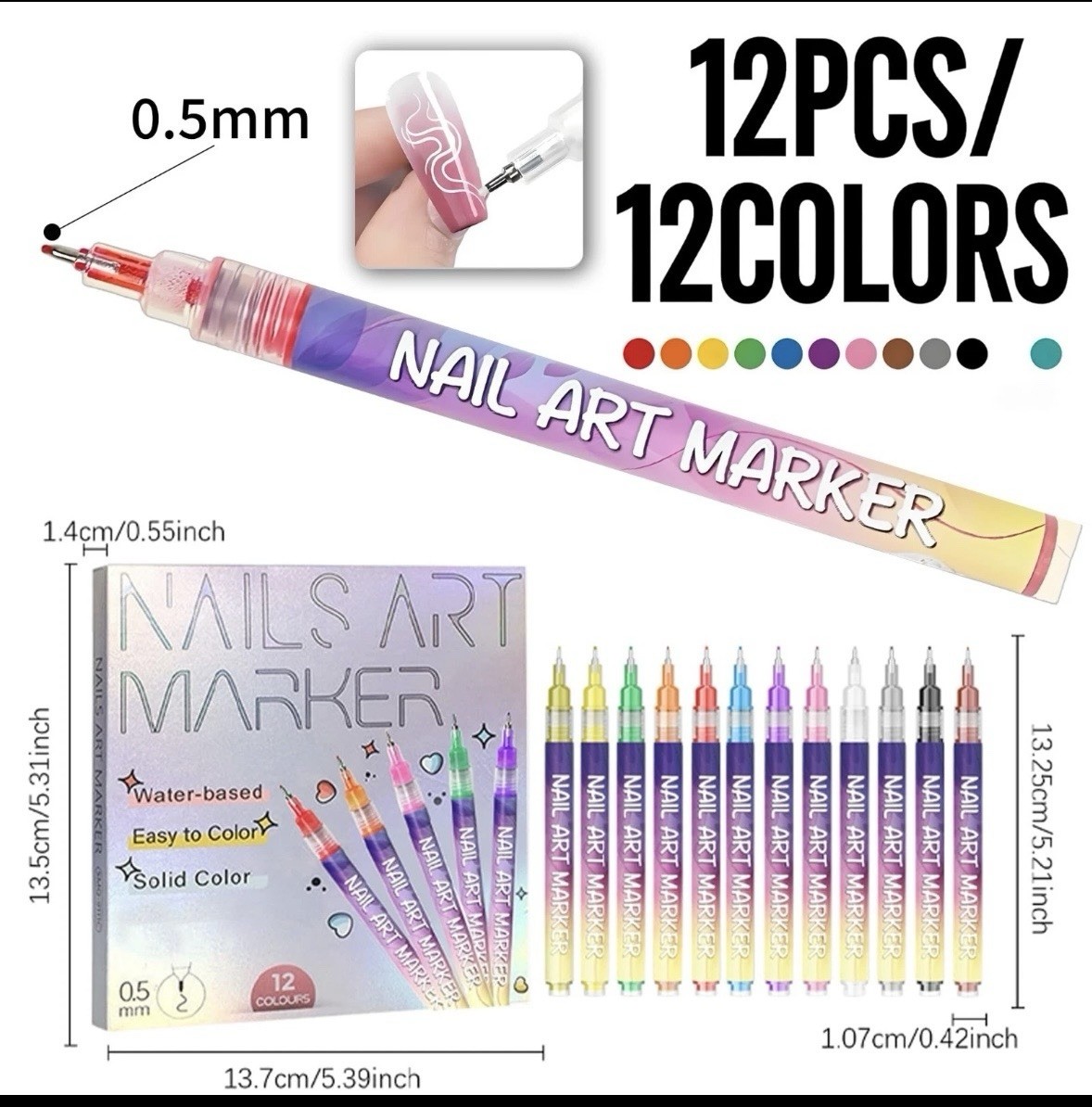 12 Color Finger Nail Art Marker Pen Set