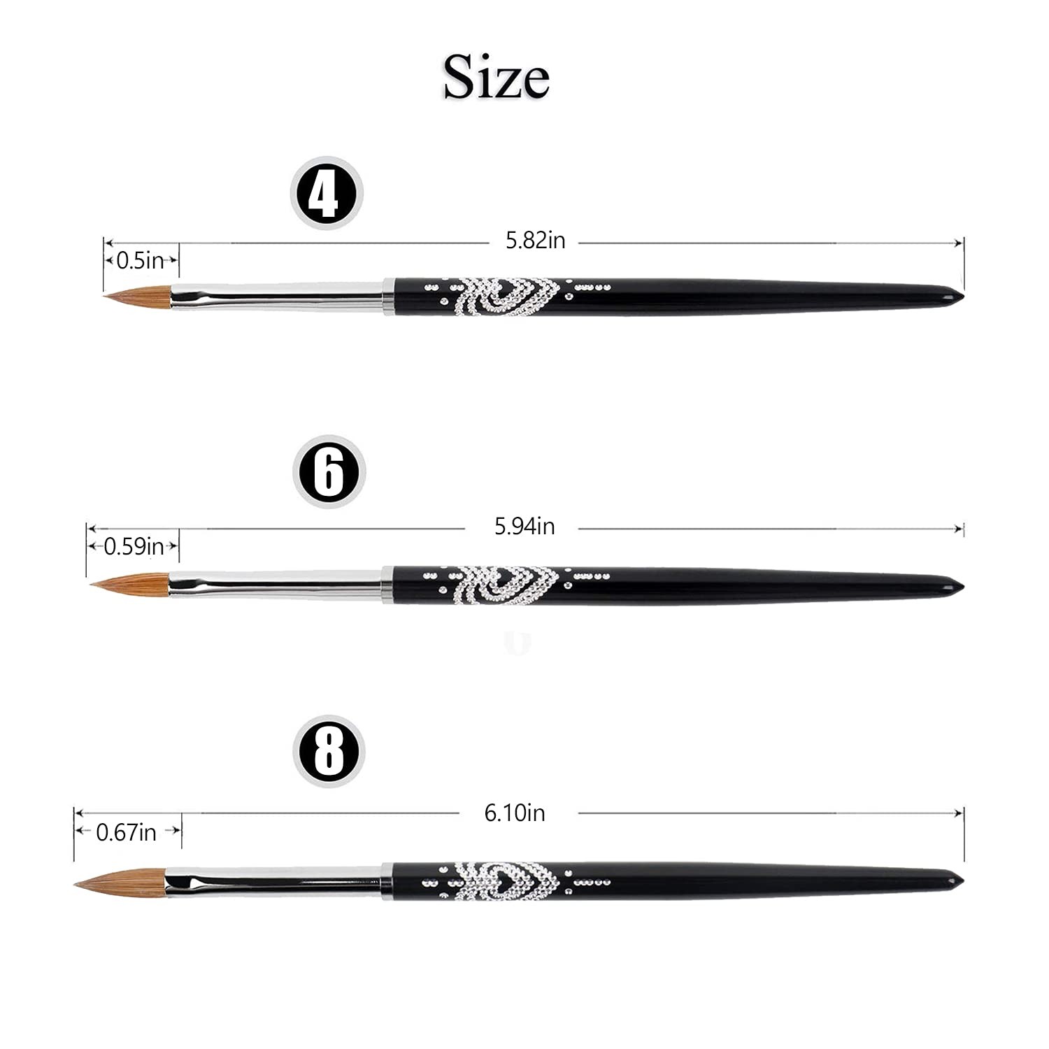Kolinsky Acrylic Nail Art Brush #4, Wooden Handle,Pro 3D Nail Brush w/Rhinestone