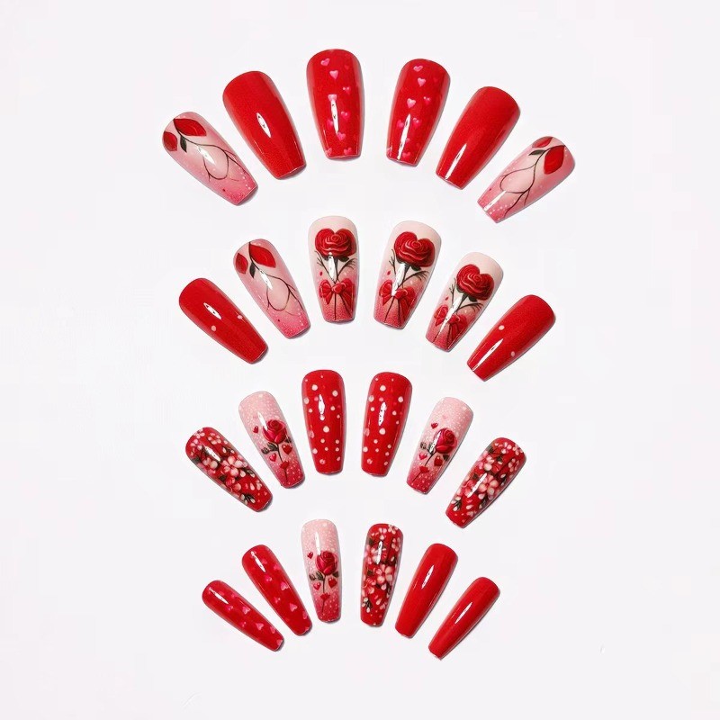48PCS rectangular red gradient rose heart-shaped bow nail press, reusable fake