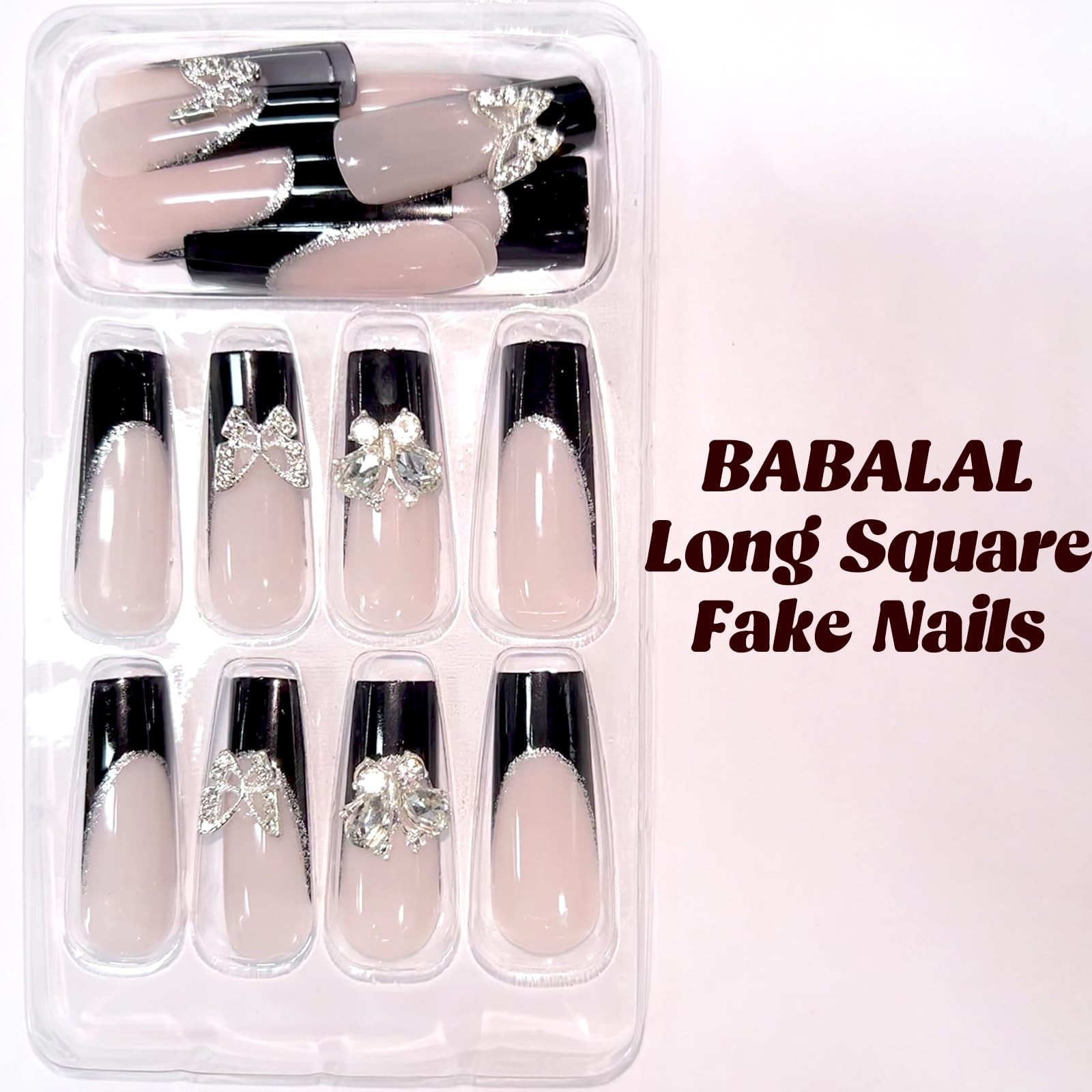 Square Press on Nails Long Fake Nails Black French Glue on Nails Butterfly