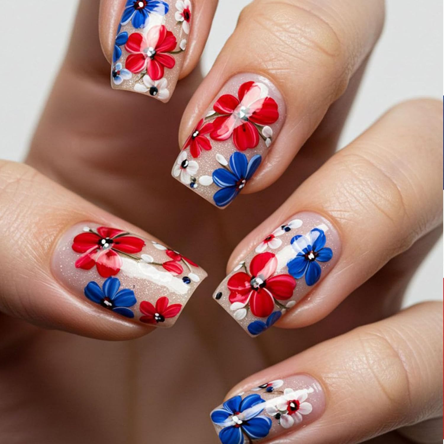 4Th of July Press on Nails Medium Square Fake Nails with Blue Red White Flower D