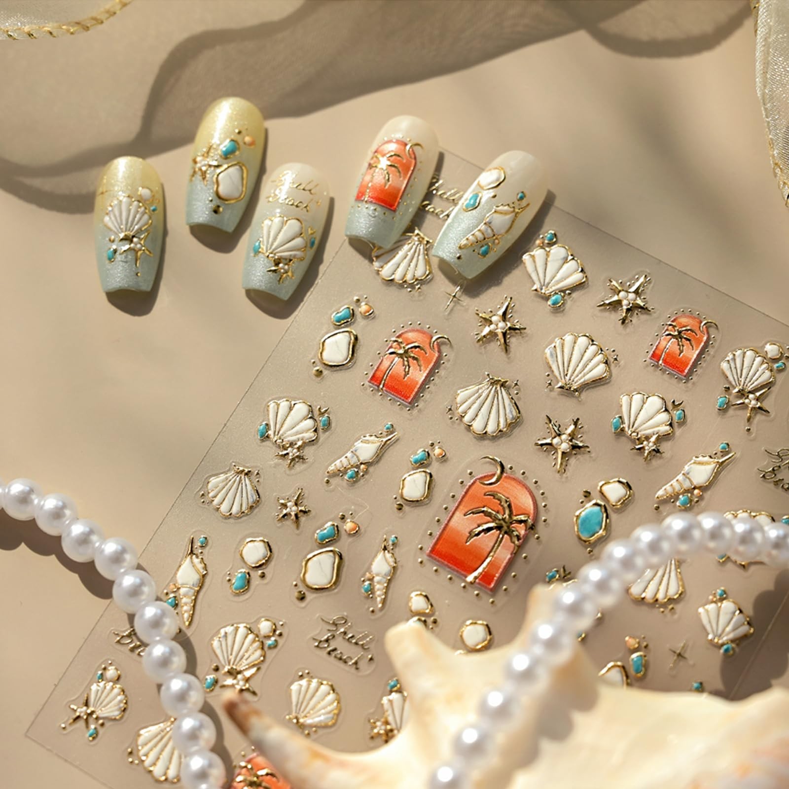 5D Embossed Beach Nail Stickers with Metallic Gold Shell Coconut Tree Nail De…