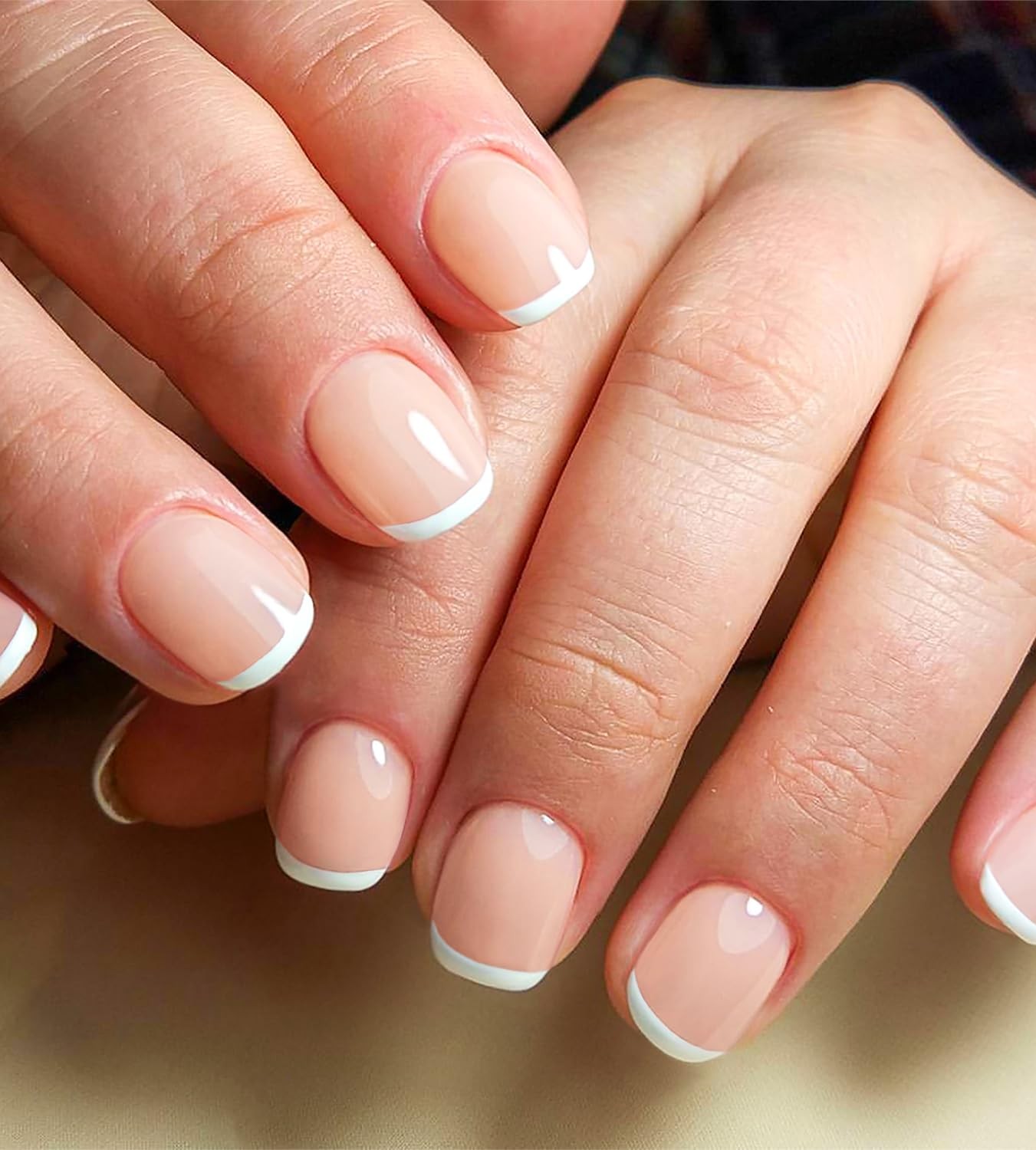 Real Short Thin French Tip Press on Nails Squoval Clear Nude Fake Nail Art Wh…