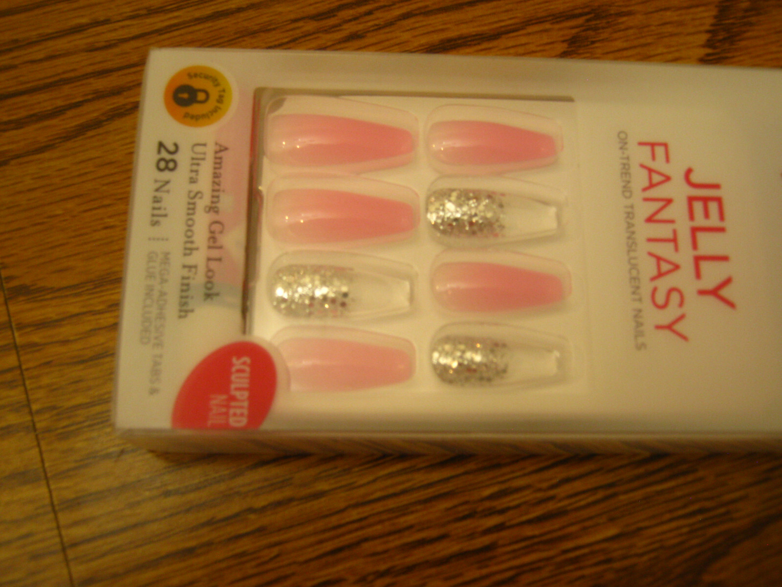 1 KISS JELLY FANTASY KGFJ102S 28 LONG NAILS Pink Silver Glitter 84139 Sculpted
