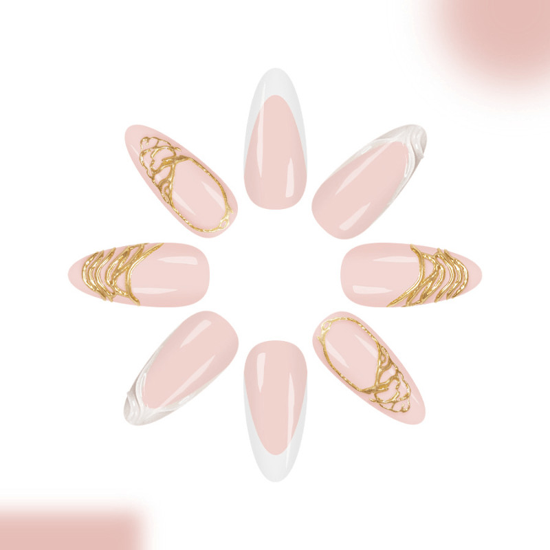 48Pcs-Medium Almond Nude White Wavy French Gold Foil Elegant Press on Nails