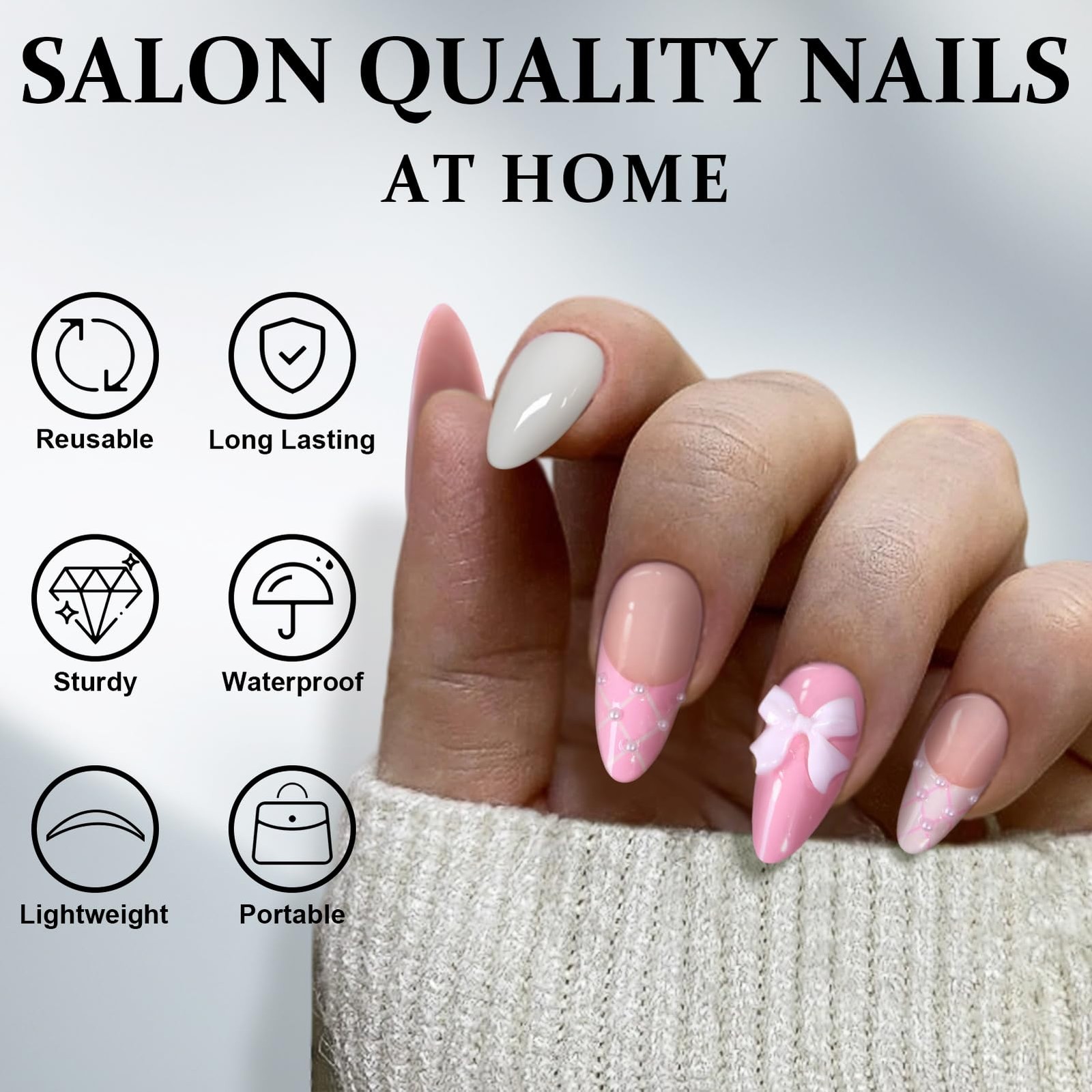 Light Pink French Tip Press on Nails – Medium Almond Nude Fake Nails with 3D …