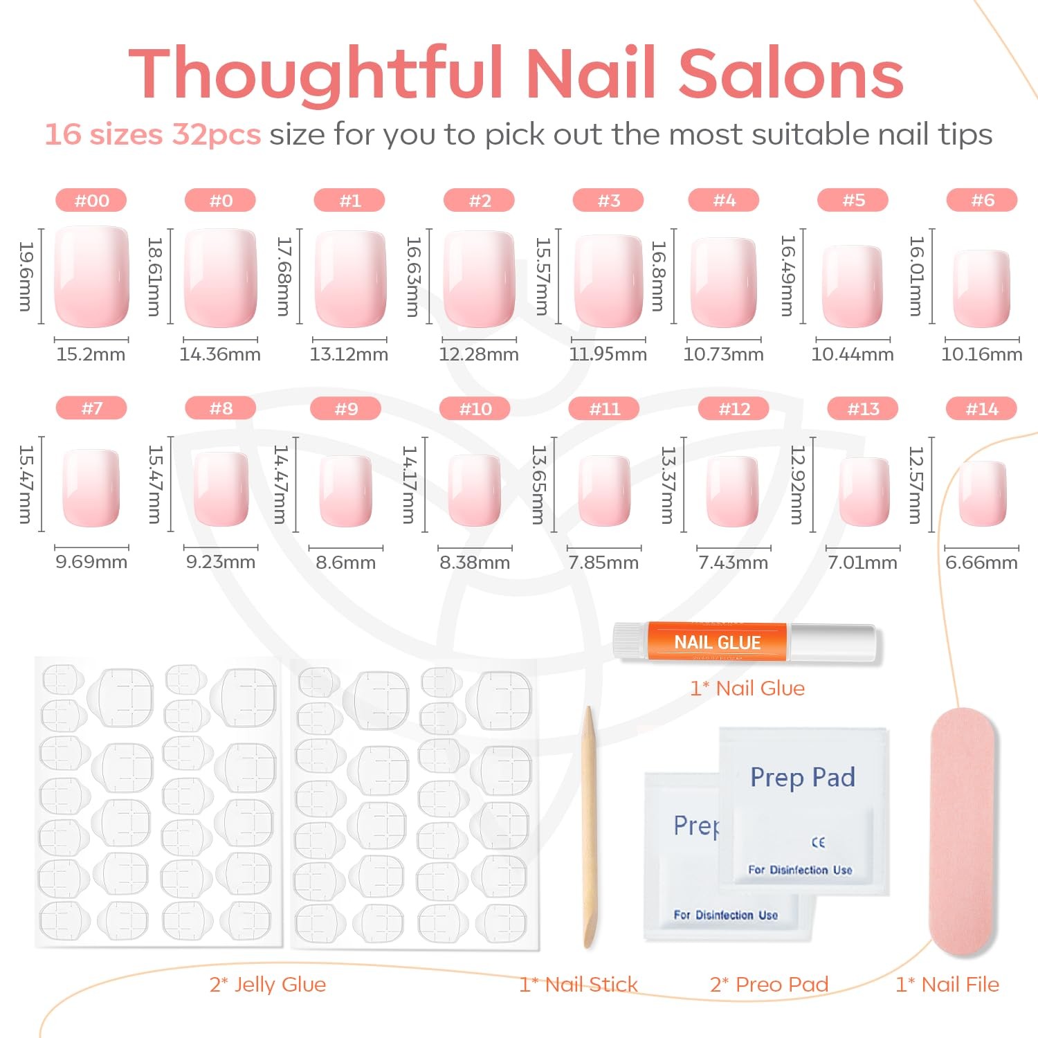 Modelones Pink Ombre Press on Nails, Summer Short Square short, B6-Pink
