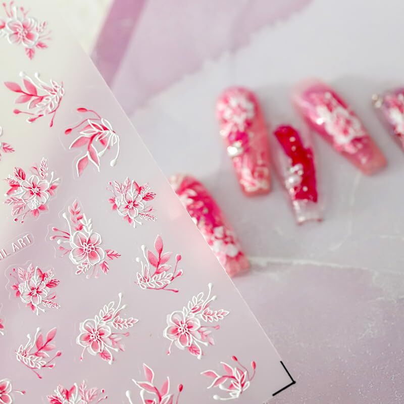 Pink Flowers Nail Art Stickers 5D Embossed Self Adhesive Nail Decals Spring