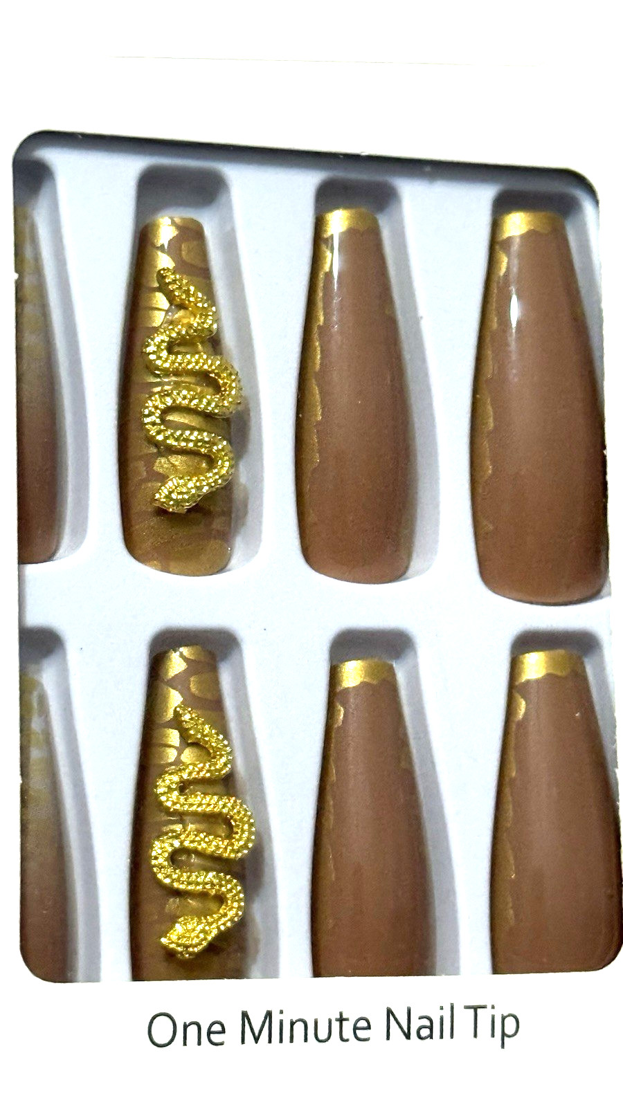 Press On Nails One Minute Nail Tip SNAKESKIN PRINT GOLD DETAILS DARK NUDE 24 NIB