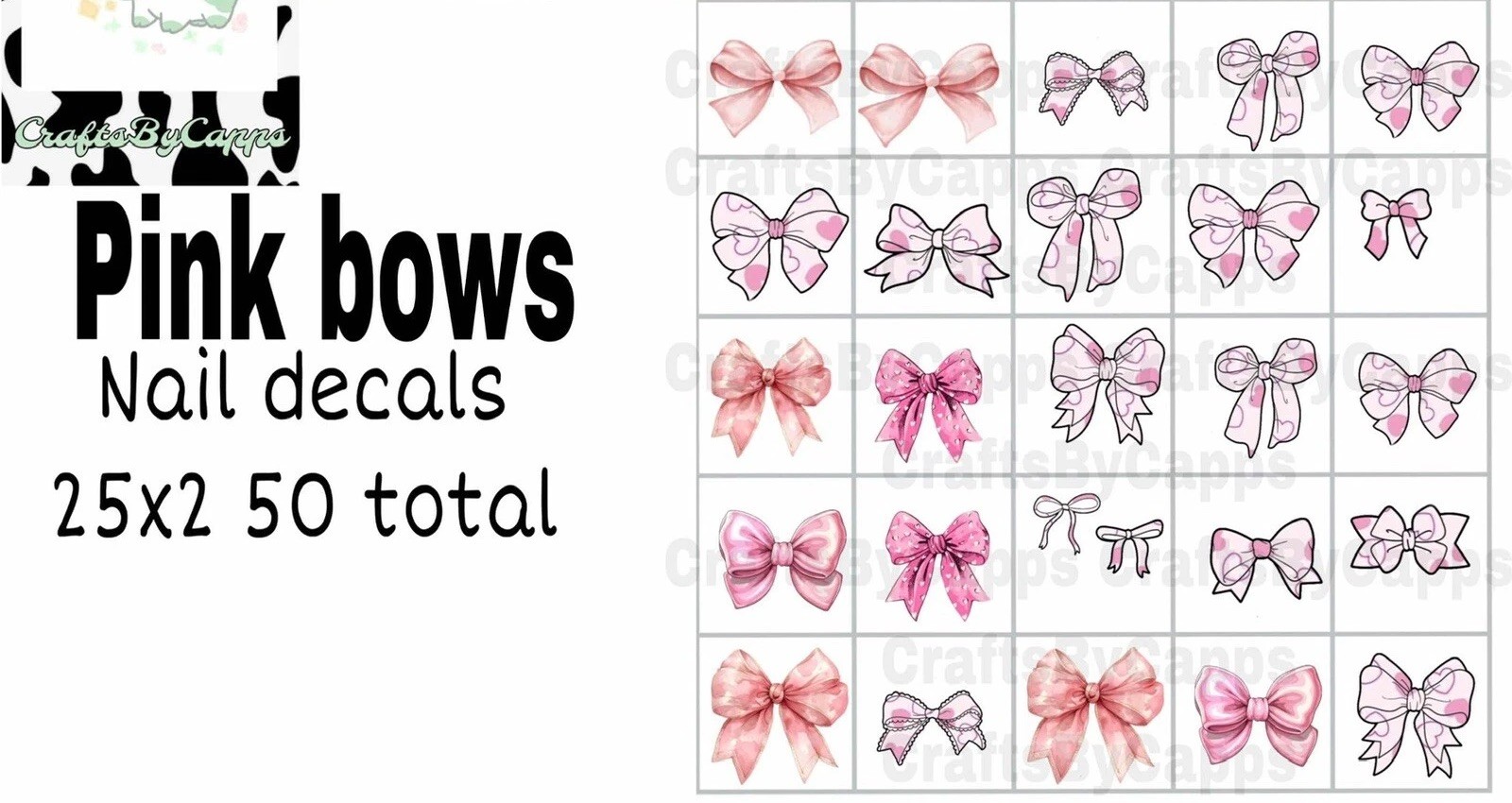 Pink Bows Waterslide Nail Art Decals Set Of 50 Instructions, Bonus KC