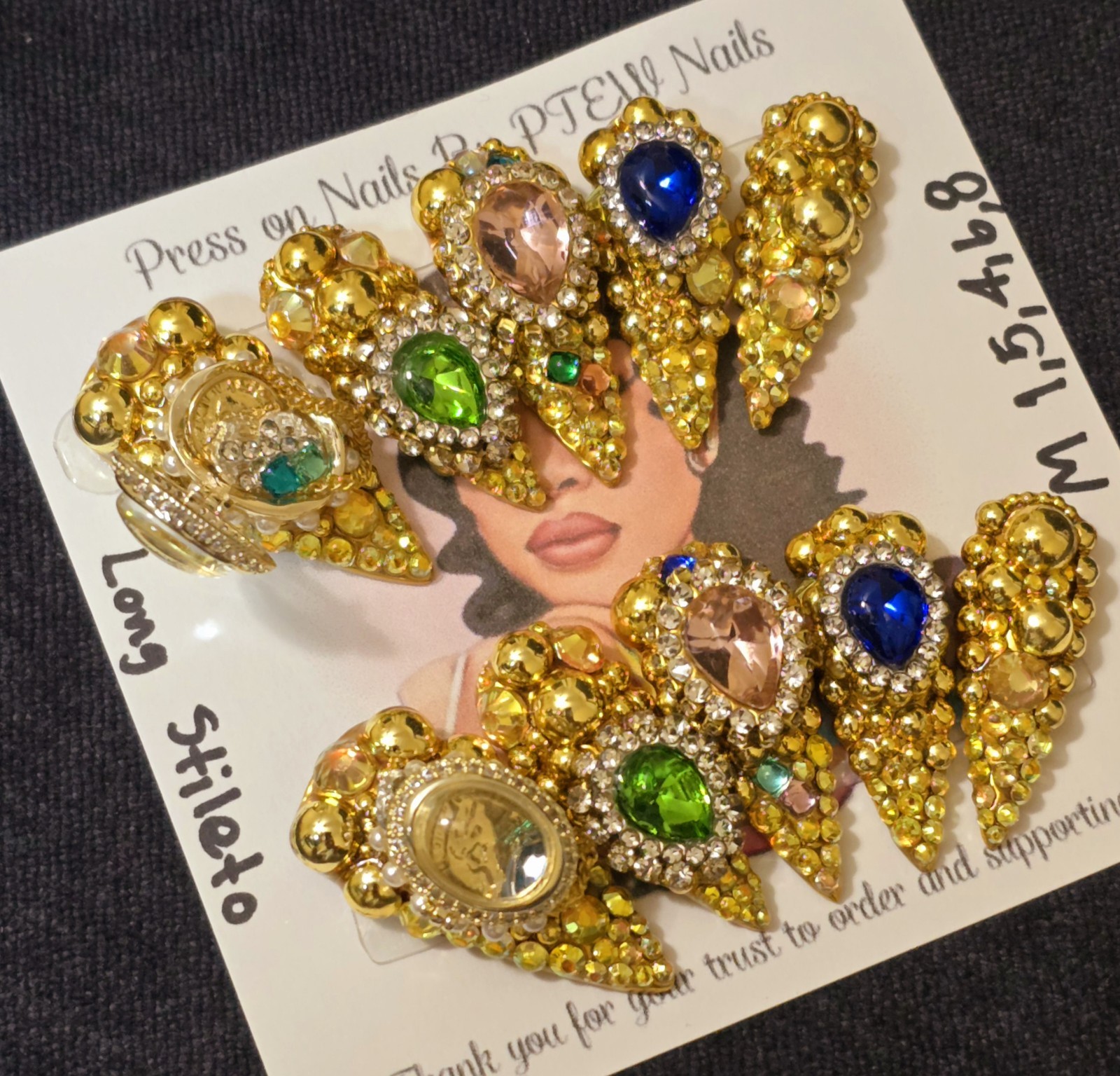 Handmade Press On Nails,Luxury Richy Girl,Medium Size 1,5,4,6,8 Long Stiletto