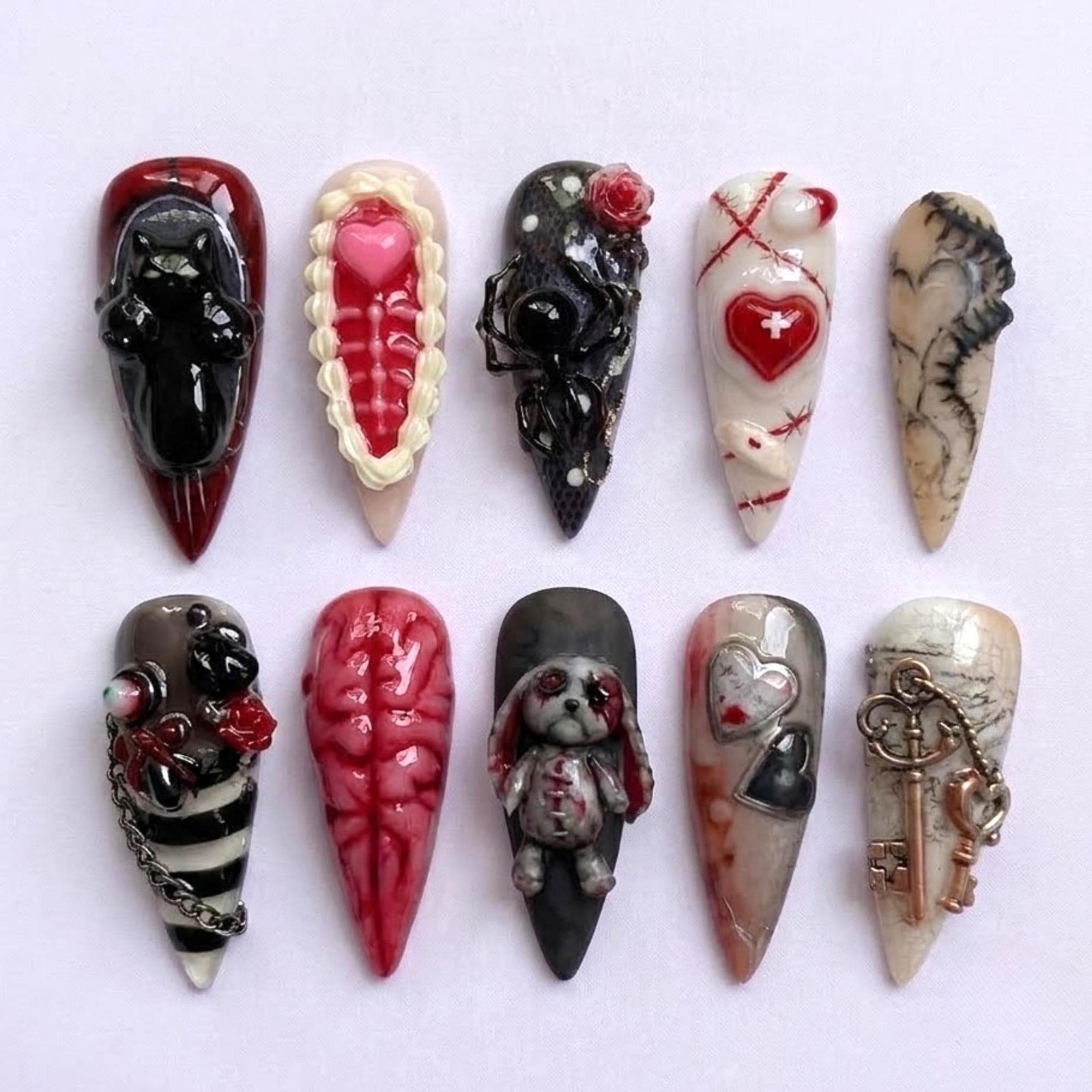 Custom Handmade Horror 3D Doll Brain Spider Cat Rose Key Stiletto Press on Nails