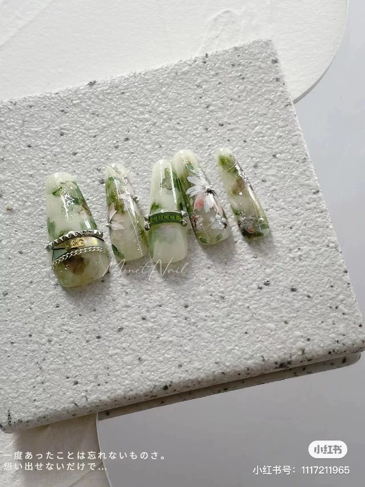 GUCCI D&G Green White 3D Shiny Coffin Press-On Nails Long Full Cover Floral, S