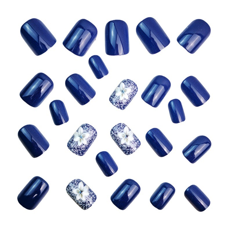 48pcs Elegant Navy Blue Glitter Press On Nails Flower Long Coffin Fake Nails