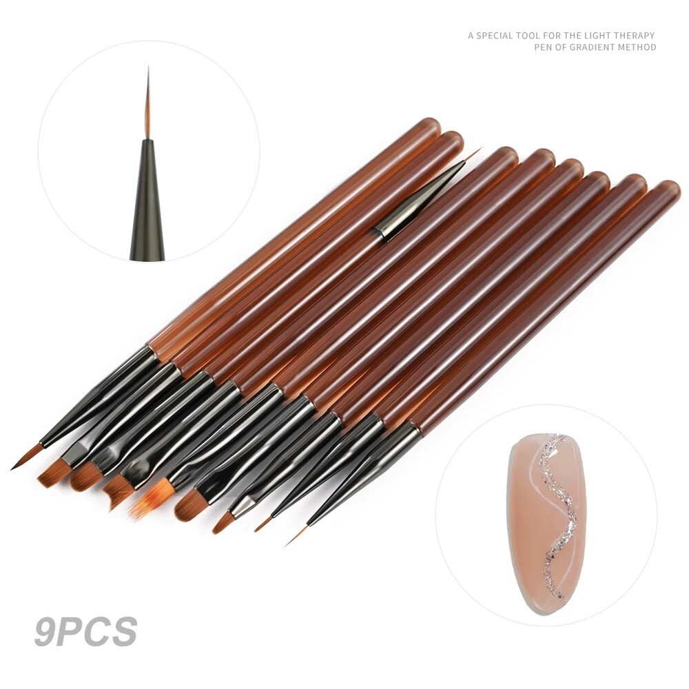 9PCS Nail Art Brush Set Gel Acrylic Liner Pen Detail Painting Manicure Tools UK