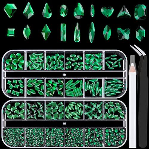 18 Styles Multi-Shaped Glass Gemstones for Nails and 6 Emerald Green Set-2
