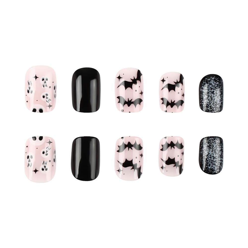 Halloween Press on Nails Short Square Fake Nails Bat Skull with Design Full C…