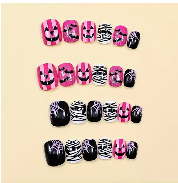 Halloween 24 Pieces Press-On Nails SHORT Pink Black Mummy Bats Glitter Glossy