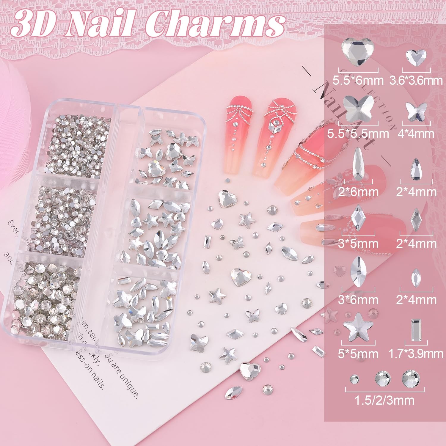 1.5Mm, 2Mm, 2.5Mm, 3Mm, 4Mm, 5Mm, 08 2 Boxes Nail Art Decos Set 22+Glue